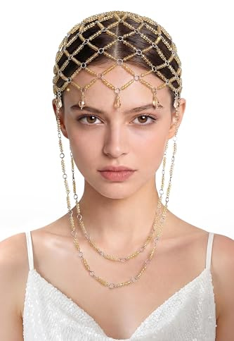 BABEYOND 1920s Vintage Crystal Beaded Headpiece, Decorative Hair Jewelry with Tassels & Crystals for Costumes(Gold)