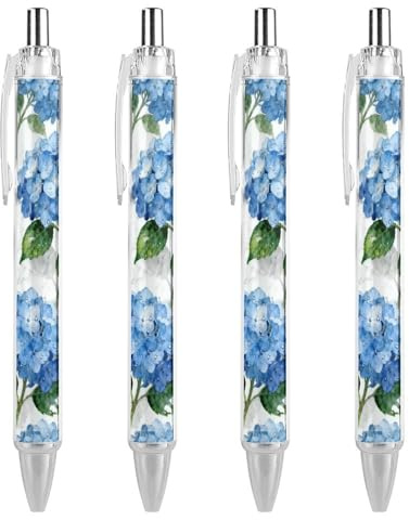 4 Pack Retractable Black Ballpoint Pens for Smooth Writing 0.5mm Fine Point Fineliner Refillable Quick Dry Gel Ink Blue Hydrangea Pattern Rollerball Pens Comfort Grip for Journaling Note Taking