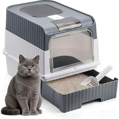 Extra Large Fully Enclosed Cat Litter Box,Drawer Design Cat Toilet with Lid | Anti-Splash Odor Control Pet Litter Pan Included Scoop,Grey for Cats All Ages