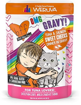 Weruva B.F.F. OMG - Best Feline Friend Oh My Gravy!, Tuna & Salmon Sweet Cheeks with Tuna & Salmon in Gravy Cat Food, 3oz Pouch (Pack of 12)