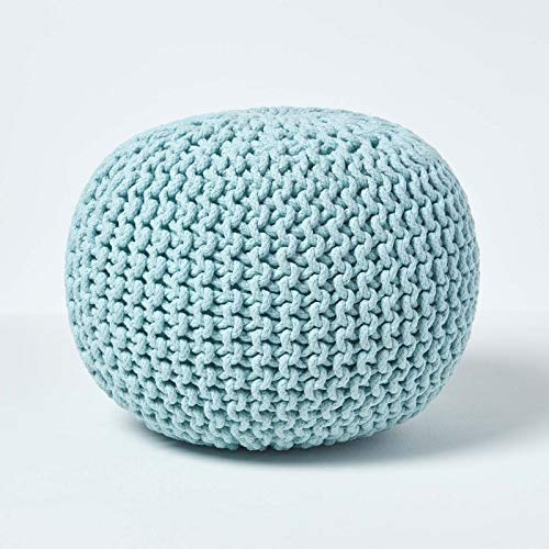 Homescapes Pouf a maglia, cuscino rotondo, 35 x 40 cm, pouf imbottito, pouf con rivestimento a maglia grossolana in 100% cotone, a sbuff, blu/azzurro