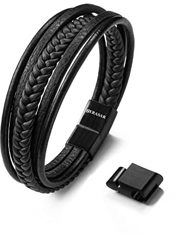 SERASAR Armband Herren Leder Schwarz 21cm - Männer Armreif Lederband Herrenarmreif Armschmuck Schmuck Herrenschmuck Flecht Geschenk Idee für Ihn