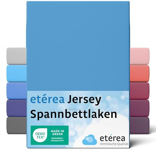 etérea Jersey Spannbettlaken 180x200cm - 200x200cm Hellblau bis 25 cm Höhe - 100% Baumwolle Spannbetttuch Oekotex - Bed Sheets Leintuch Bettbezug - Bettlaken 180x200 cm - 200x200 cm - Blau