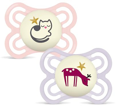MAM Chupete Perfect para Bebés 2-6 Meses, Rosa Brillante, 2 uds | Brilla en la Oscuridad con Tetina Extra Delgada y Flexible de Skin Soft Silicone, con Caja Autoesterilizadora