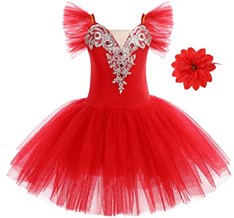 IWEMEK Robe Ballet Danse Fille Classique Lac des Cygnes Justaucorps Paillettes Broderies Enfant Tutu Tulle Ballerina Princesse Tenue de Danseuse avec Pince à Cheveux 4-14 Ans
