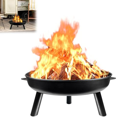 YRHome Brasero de 80 cm de diamètre avec tisonnier - Brasero de jardin en fonte - Rond - Pour jardin, terrasse - Brasero confortable en métal avec poignées - Pieds amovibles