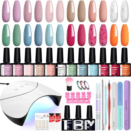 Gel Nail Kit, Phoenixy 12 Colours Soak Off Gel Nail Polish Set with Lamp Starter Kit 8ml Nails Polishes Manicure Kit Gift Set for Women