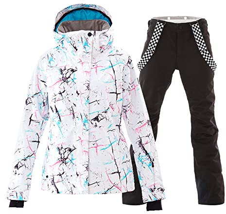 HOTIAN Damen Schneeanzug, Wasserdicht Winddicht Winter Warme Schnee Skifahren Sätze,für Wandern Klettern Isoliertes Snowboarden WH+BK M