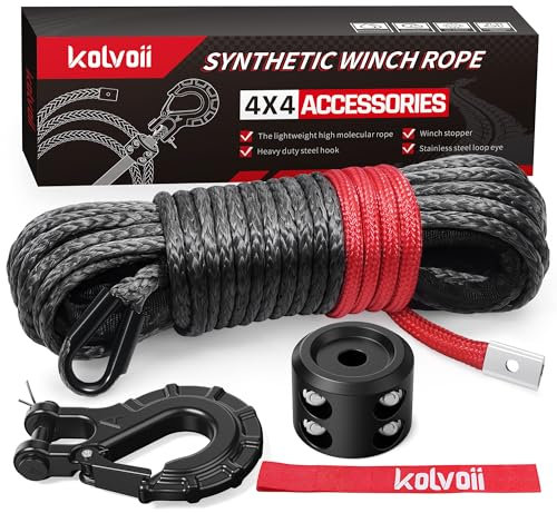 Kolvoii Synthetic Winch Rope Kit, 1/4 x 50ft 9,650lbs Winch Cable with Steel Hook, Winch Line Stopper and Safety Pull Strap for ATV UTV Off-Road Vehicle etc (Grey Rope, Black Hook)