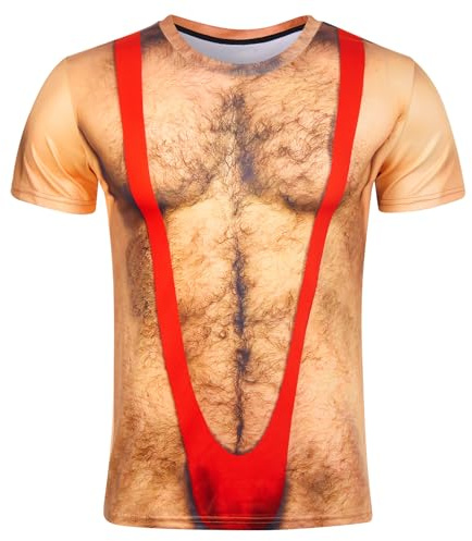 RAISEVERN T Shirt Noël Rouge Homme Tee Shirt Femmes 3D Imprimer Ventre Poilu Laid Humour T-Shirt À Manches Courtes Marrant Drôle Chic Moche Fête Cadeau Vêtements, M
