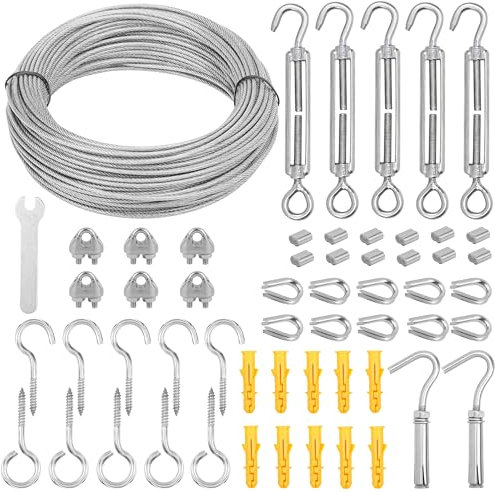 Belle Vous Garten Drahtseil und Seilspanner Set M5-30m Edelstahlseil - Edelstahlhalterung - Haken und Spanner Kabelbinder - Seilspanngarnitur - Drahtseil Spanner - Spannseil
