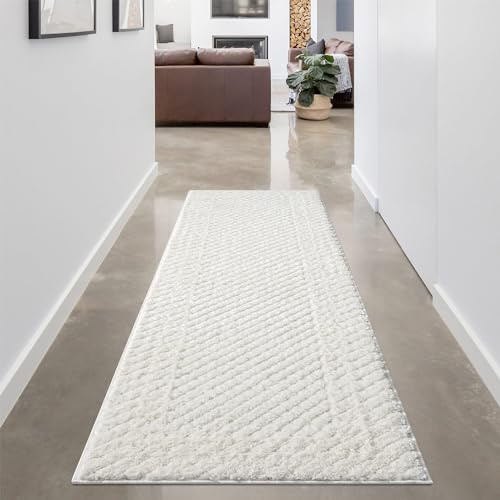 carpet city Teppich Wohnzimmer Hochflor Creme - Läufer 80x300 cm - Hochtief-Muster, 3D-Effekt Bordüre - Bettvorleger Schlafzimmer Teppiche Boho, Skandi