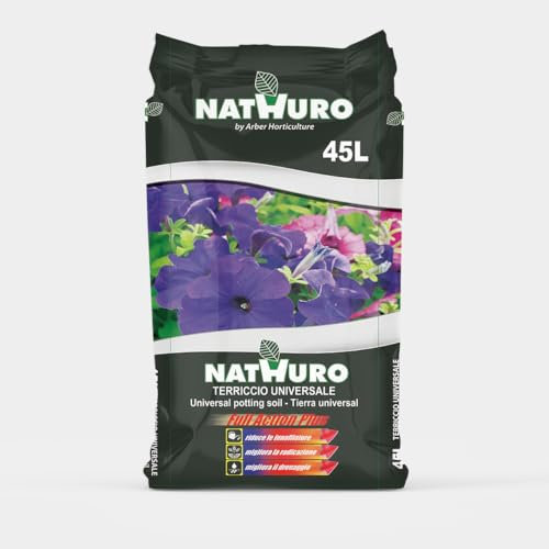 LEADER, Terriccio Universale Nathuro, Per Piante in Spazi Limitati, Vasi e Cassette, Crescita Rigogliosa e Fioriture Abbondanti, Migliora Radicazione e Drenaggio, Riduce Innaffiature, Sacchetto da 45L