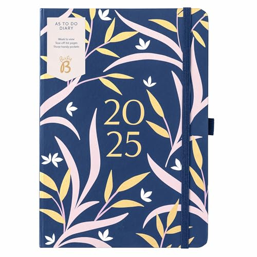 Busy B - A5 Agenda settimanale 2025 con elenchi di impegni e pagine di appunti - Diario compatto floreale blu marino - Layout settimanale, 3 tasche e pianificatore annuale