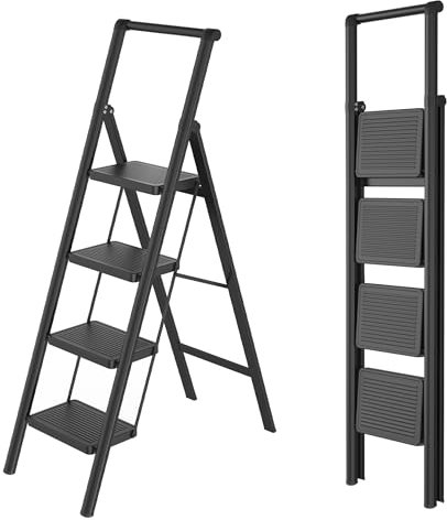 Aufun Escabeau pliable à 4 marches avec large pédale antidérapante, avec main courante, échelle domestique, multifonction, charge maximale : 270 kg, pour la maison, le bureau, noir