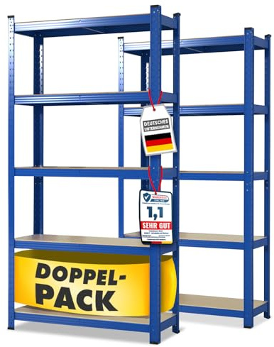 Floordirekt Schwerlastregal, 2er Set, blau 150 x 75 x 30 cm Steckregal, Kellerregal, Lagerregal, Werkstattregal, Werkbank - 5 verstellbare Böden (Lakota)