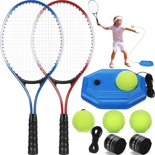 Motionchic 2 Pack Tennis Rackets for Kids 21 Tennis Racquet Set with Tennis Trainer Rebound Balls Tennis Training Equipment Recreational Tennis Racquet Set for Park Backyard Parent Child Activities