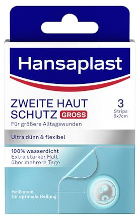 Hansaplast Pflaster Zweite Haut Schutz Gross (3 Strips), dünnes und flexibles Hydrokolloid-Pflaster mit Heilkapsel-Technologie, wasserdichtes Wundpflaster mit extra starkem Halt für mindestens 72h