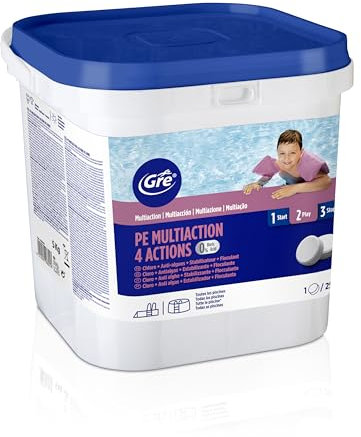 GRE 76006NB -Tabletas de Cloro Multifunción 4 Acciones: Desinfección, Antialgas, Floculante y Estabilizador. Tratamiento y Limpieza Integral de Piscinas. Tabletas 250 gr, 5 kg