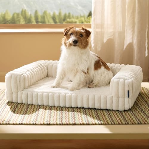 Bedsure Orthopedic Dog Beds Medium - 76x51x16.5cm Waterproof Memory Foam Dog Sofa with Sides, Non-Slip Bottom and Egg-Crate Foam Pet Couch Sofa with Washable Removable Corduroy Cover, cream