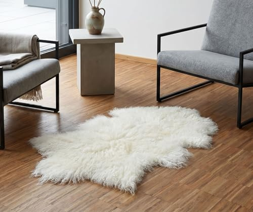 Kuhfelle Online & Nomad Tibet Lammfell Weiß 100x60 cm – Luxuriöses Echtfell mit Seidig-Weichen Locken – Hochwertiger Fellteppich, Deko & Sofaüberwurf – Natürliches Premium Schaffell für Wohnkomfort