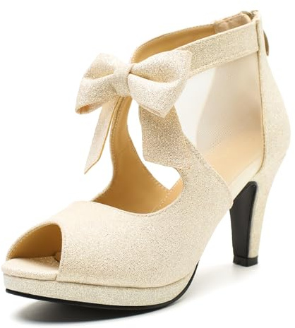 Rjclyh Women's Peep Toe Platform High Heel with Bow Pumps Cutout Mesh Chunky Heel Dress Sandals, Back Zipper, Party Wedding Shoes Champagne gold 11