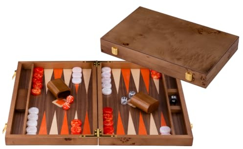 Engelhart-250549 – Backgammon en Bois 18 Pouces (45.5 cm) Valise Luxe en Bois de Ronce Incrustation en Noyer – Ouvert 52 × 45,5 cm – Pions Orange/Blanc – Dés et Gobelets – Jeu de Strategie