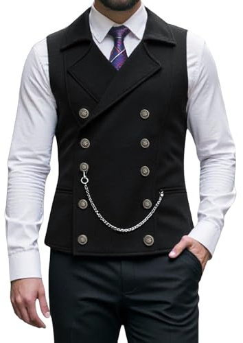 Generisch Gilet da uomo a doppio petto in stile steampunk, con colletto a risvolto e catena | Elegante gilet gotico per occasioni speciali