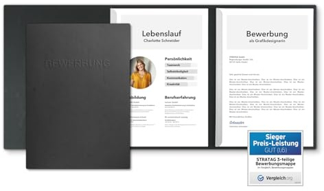 3 Stück 3-teilige Bewerbungsmappen Schwarz mit 2 Klemmschienen in feinster Lederstruktur