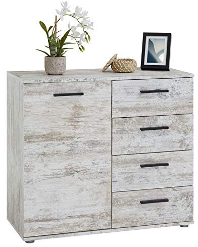 Kommode Sideboard Schrank Chicago Shabby Chic, mit Tür und 4 Schubladen, Vintage Look Highboard