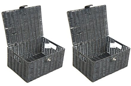 2 x Arpan Resin Woven Storage Hamper Basket Box With Lid & Lock (Black - Medium)