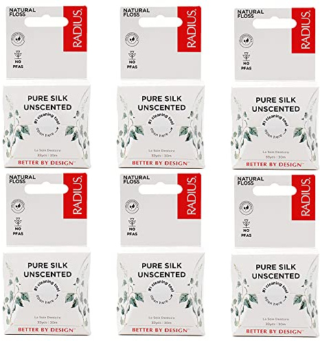 RADIUS Hilo dental de seda natural sin perfume, 33 yardas, compostable, no tóxico, cuidado bucal y diseñado para ayudar a combatir la placa transparente, paquete de 6