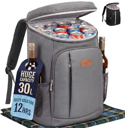 Fly-Bye - Mochila nevera de gran capacidad, 30 l, para picnic, ligera, con aislamiento térmico, impermeable, para comidas o acampadas, para playa, senderismo, color gris