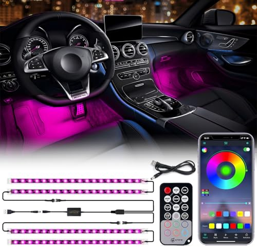 Xprite RGB LED Car Interior Bluetooth USB Light Strip, w/Wireless Remote and APP Control,4 PCS Under Dash Footwell Ambient Lights Kits, DIY Music Mode Universal for Vehicle Internal, SUV, Trucks