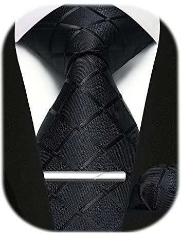Enlision Cravate Noir à Carreaux et Mouchoir de Poche Avec Ensemble De Pinces à Cravate Cravates De Mariage Formelles Pour Hommes,Noir