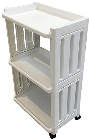 Storage Trolley Slide Out Rolling Cart Utility Slim Organiser Shelf on Wheels 3 Tier Narrow Places Mobile Shelving Unit Tower Rack for Bathroom Laundry Room Office Living Room Bedroom Kitchen, White