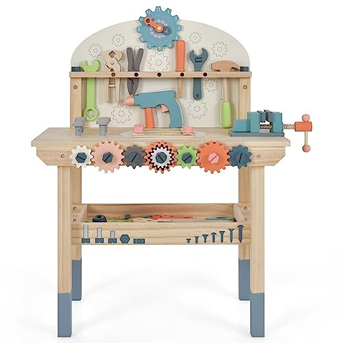 GYMAX Kids Workbench, Wooden Children Play Workbench with 8 Tools Toy, 53 Accessories, Storage Shelf & Magnetic Rack, Toy Tool Bench for 3 Years Old + Boys Girls, 60 x 30 x 79 cm