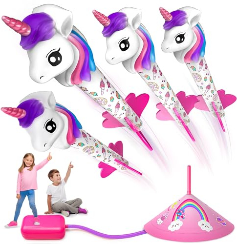 beefunni Unicorn Rocket Launcher for Kids, 4 Unicorns Outdoor Toys for Girls, Christmas Easter Birthday Gifts for Girls Ages 2 3 4 5 6 7 8 Years Old, Fun Indoor Toys for Kids Ages 2-4-6 Years Old
