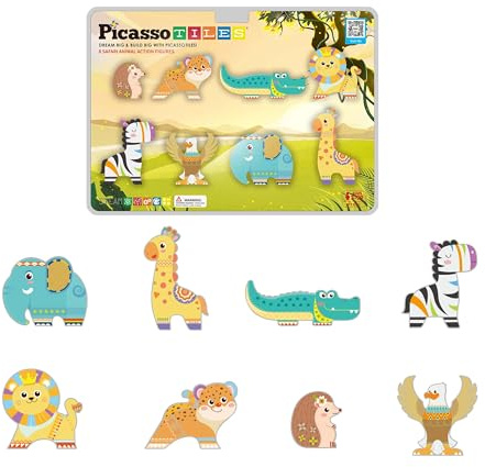 PicassoTiles Magnet Building Blocks 8 Safari Animal Magnetized Action Figures Compatible with Magnetic Assembly Build Tile Toys Accessory Toyset STEAM Educational Learning Girls Boys Ages 3+ PTA22