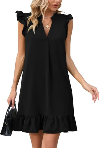 Famulily Robes d'été pour femmes - Longue - Manches courtes - Col en V - Tunique avec volants - Manches à volants - Mini blouse - S-XXL, Noir , L