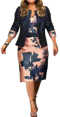 shownicer Robe Femme Elegant Grande Taille Crayon Robe de Soirée Cocktail Sexy Chic sans Manches à Col Rond Imprimé Robe + Cardigan Ensemble 2 Pièces Robe