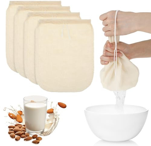 WLLHYF Nussmilchbeutel 4 Stück feinmaschiges Passiertuch Wiederverwendbar feinmaschiges Filter mit Kordelzug Nylon Baumwolle Nussbeutel für Käse Fruchtsaft Kaffee Gemüsesaft (Baumwolle, 15 × 20cm)
