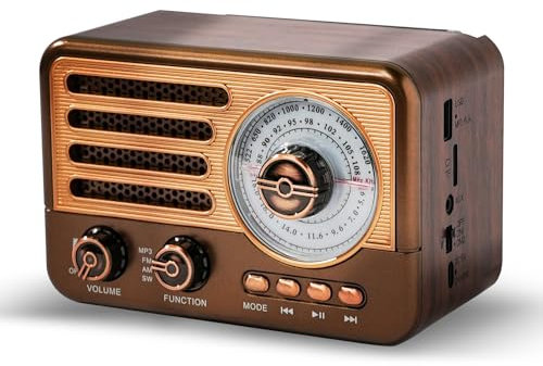 Radio de transistores Retro Radio Am FM SW con Pilas, pequeña Radio portátil Recargable con batería de Iones de Litio de 1800 mAh, Compatible con Tarjeta TF/Aux/Reproductor de MP3 USB