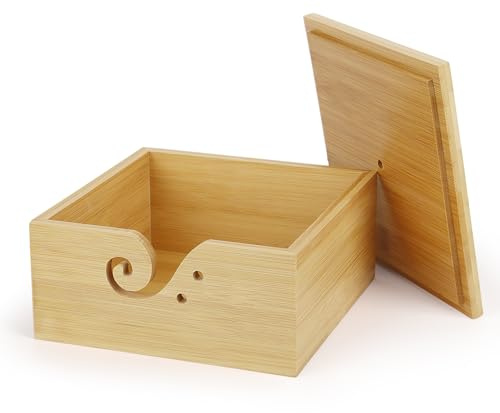 Coopay Square - Ciotola per filo di lana, 18 x 18 x 9 cm, grande ciotola di lana con coperchio per lavorare a maglia e all'uncinetto, in legno, realizzata a mano, con fori per lavori a maglia e
