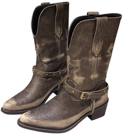 Botas Texanas Camperos Texanos Western Botas de Cowboy Cowgirl Botas de Mujer Altas con Tacón Botines Equitación Botas Mujer Indias Botín de Mitad Polpaccio Cremallera Botas, marrón, 36 EU