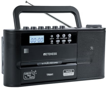 Retekess TR641 Cassette Player,Cassette Tape Player,FM AM/Recorder Radio,USB/TF Card,Wireless Connections,Earphone Jack,Battery Operated or AC Powered,for Home,Outdoor