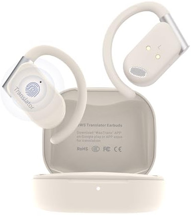 ANFIER M9 Sprachübersetzer-Ohrhörer, offene Ohrhörer, unterstützt 144 Sprachen & Akzente, Übersetzung, Echtzeit-Übersetzungsgerät, eng anliegende Passform, ergonomische Ohrbügel, Beige (mit