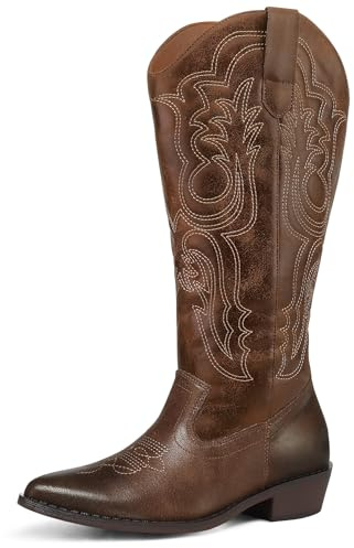 mysoft Women's Cowboy Boots Mid Calf Western Embroidered Pointed Toe Chunky Heel Pull On Cowgirl Boots Fit Medium Wide Width