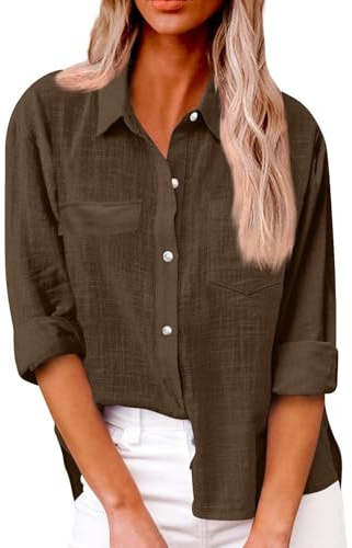 Chemise Femme en Lin de Coton à Manches Longues avec Col Boutonné et Patte de Boutonnage Couleur Unie Lâche Respirant T-Shirts Grande Taille Pas Élégant Tunique Blouse avec Poche Marron Blouse Xxl