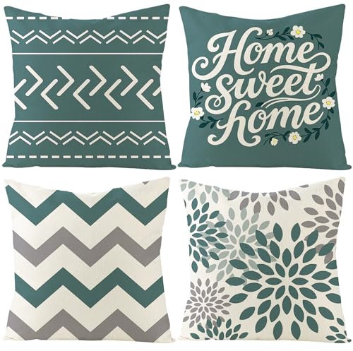 VEEKAY Kissenbezüge 45x45 4er Set,Geometrische Muster Kissenhüllen,Zierkissenbezug,Dekokissen Leinen Kissenbezüge,Mode Wasser Grün,für Sofa Schlafzimmer Couch Outdoor Kissen